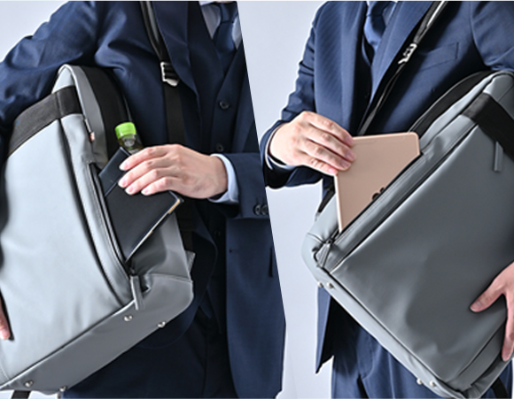 背負ったままスマホや定期券を出し入れできるポケット